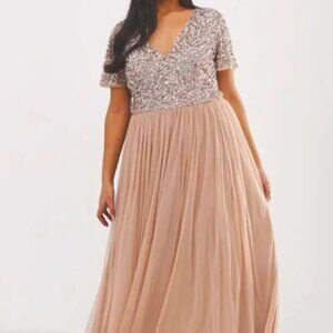 Maya Plus Bridesmaid short sleeve maxi tulle dress with tonal delicate sequin
